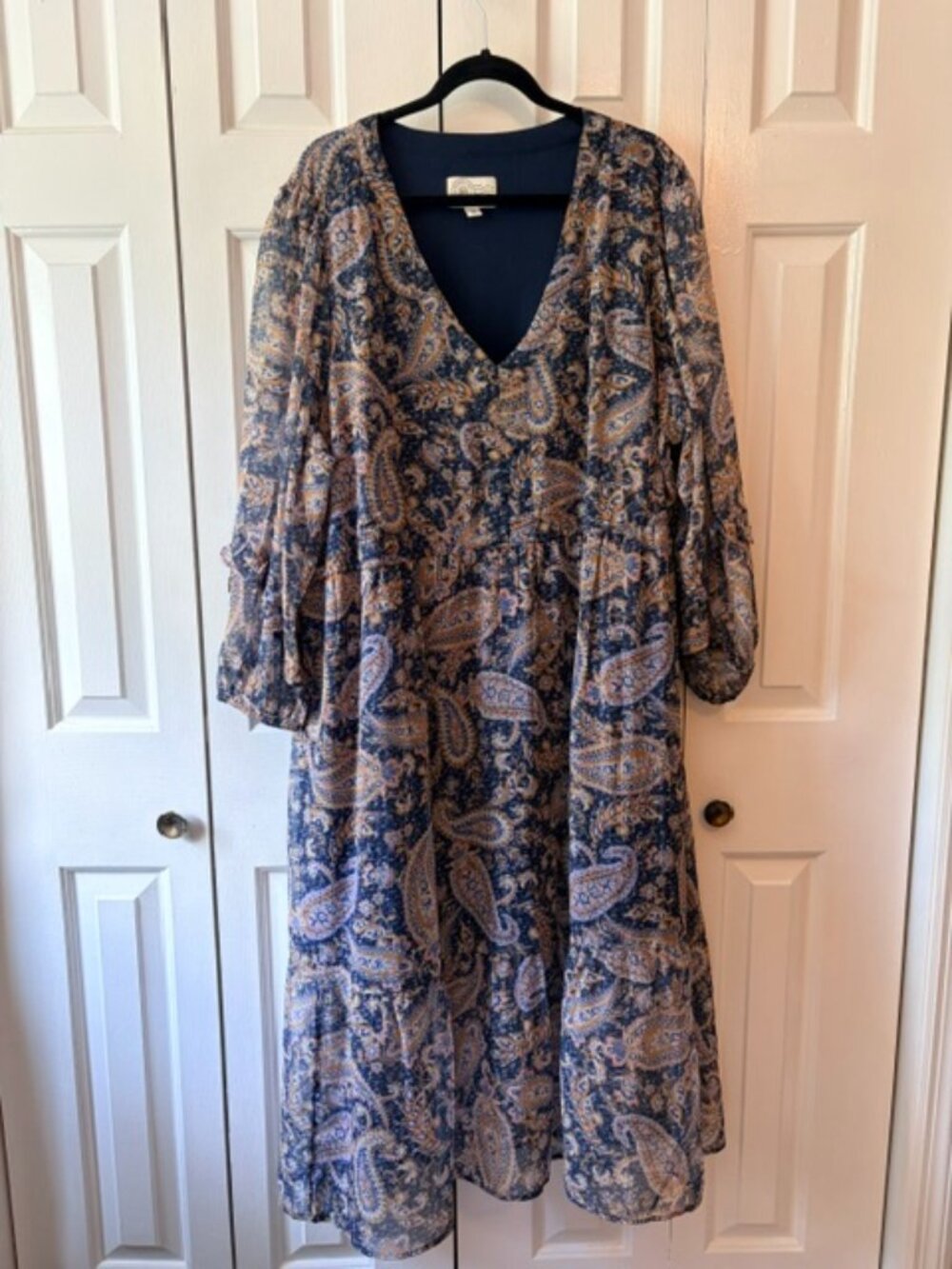 Destination 365 3XP Navy Paisley Tiered Midi Maxi Dress Long Sleeve V Neck